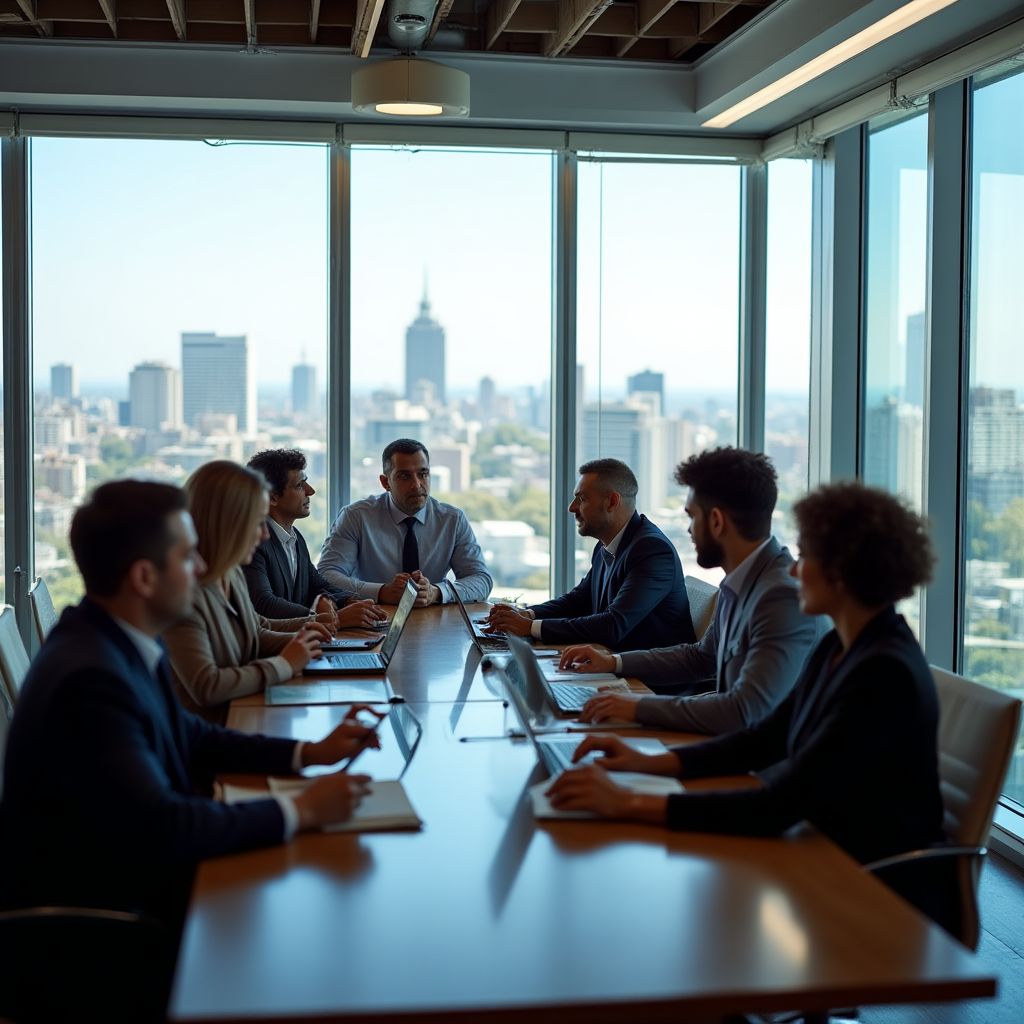 Equipo de consultores financieros trabajando en oficina moderna